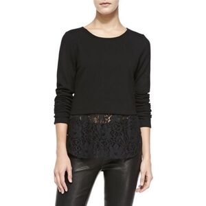 Theory Bente Jersey Crop Top Lace Layered Long Sleeve Wool Sweater Size P
